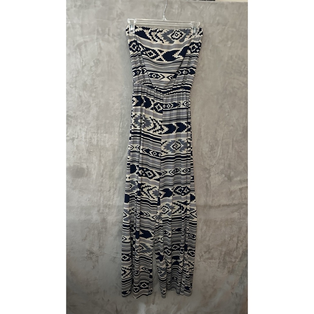 A'GACI Strapless Jumpsuit Size M‎ Blue Ivory Tribal Print Wide Leg Boho Lounge